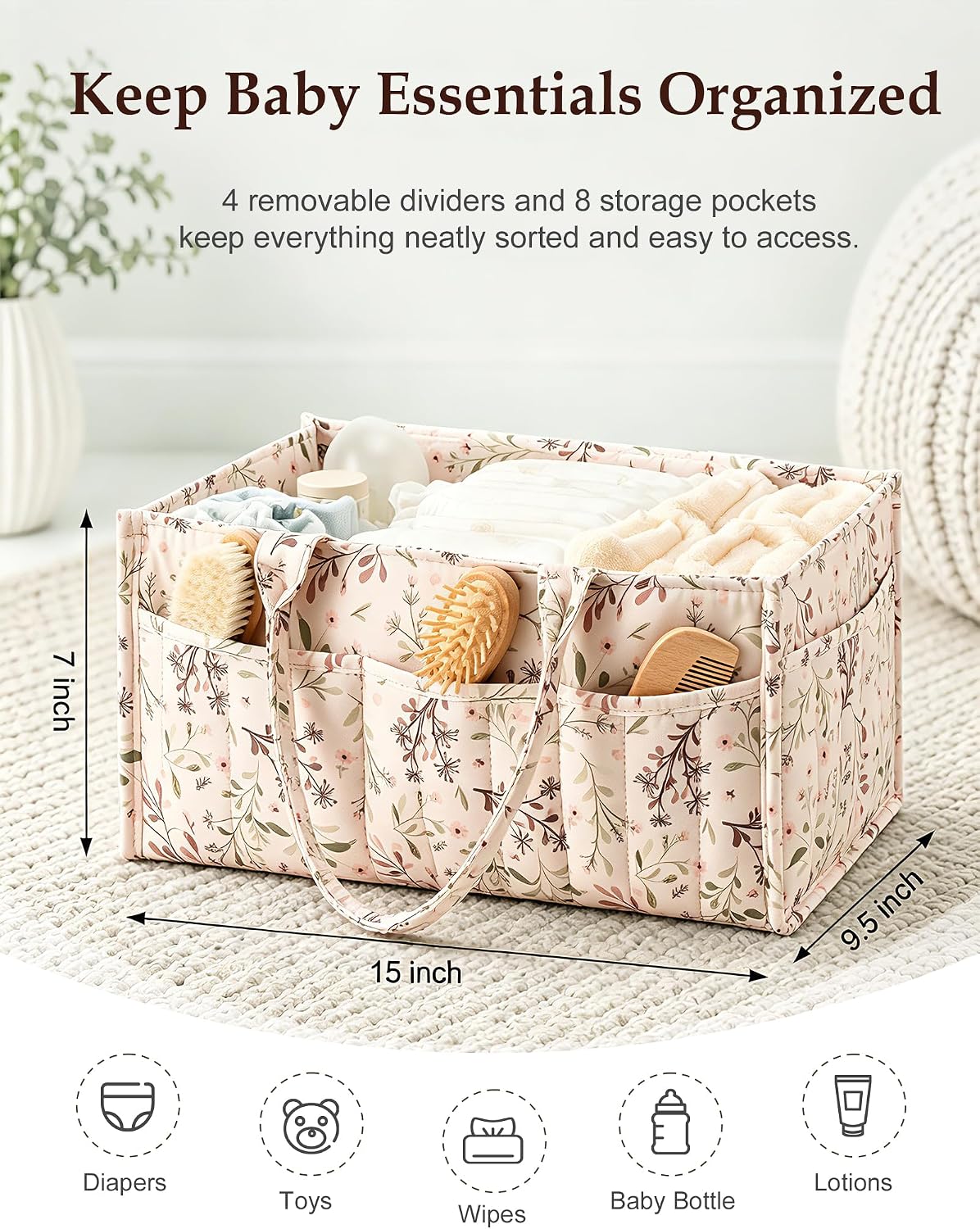 Quilted Diaper Caddy Organizer with Handle, Portable Nursery Storage Basket