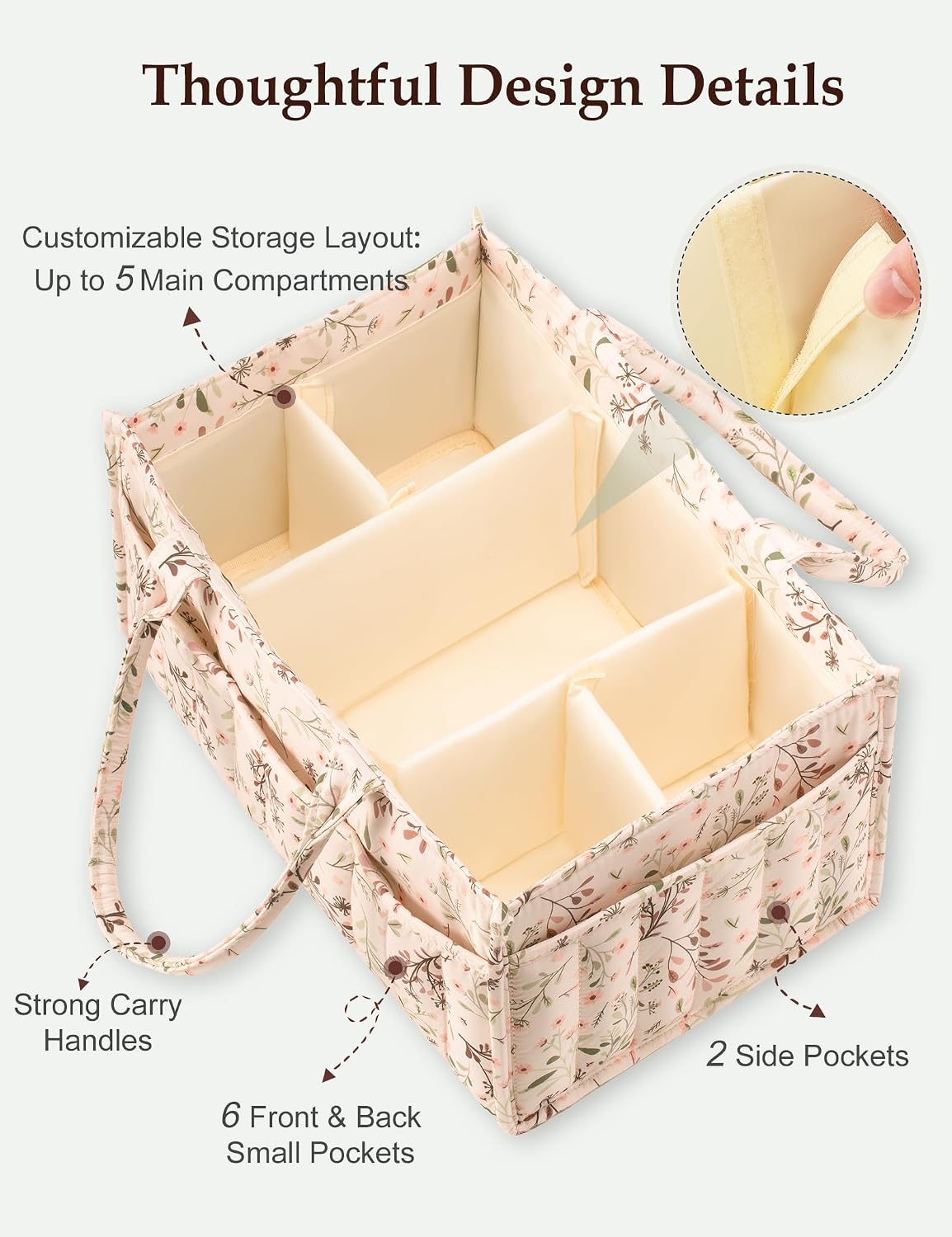 Quilted Diaper Caddy Organizer with Handle, Portable Nursery Storage Basket