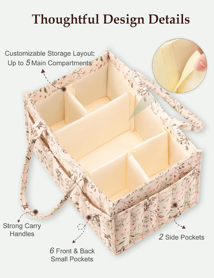 Quilted Diaper Caddy Organizer with Handle, Portable Nursery Storage Basket