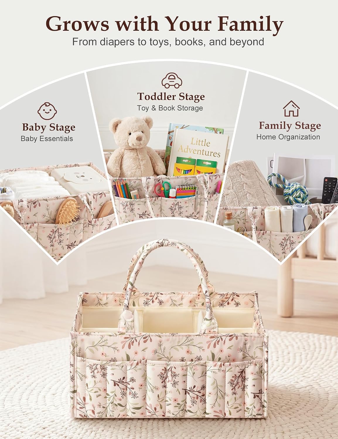Quilted Diaper Caddy Organizer with Handle, Portable Nursery Storage Basket
