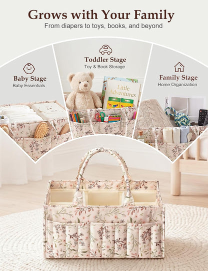 Quilted Diaper Caddy Organizer with Handle, Portable Nursery Storage Basket