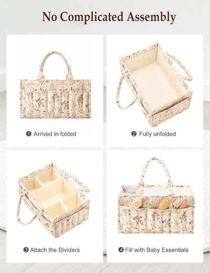 Quilted Diaper Caddy Organizer with Handle, Portable Nursery Storage Basket