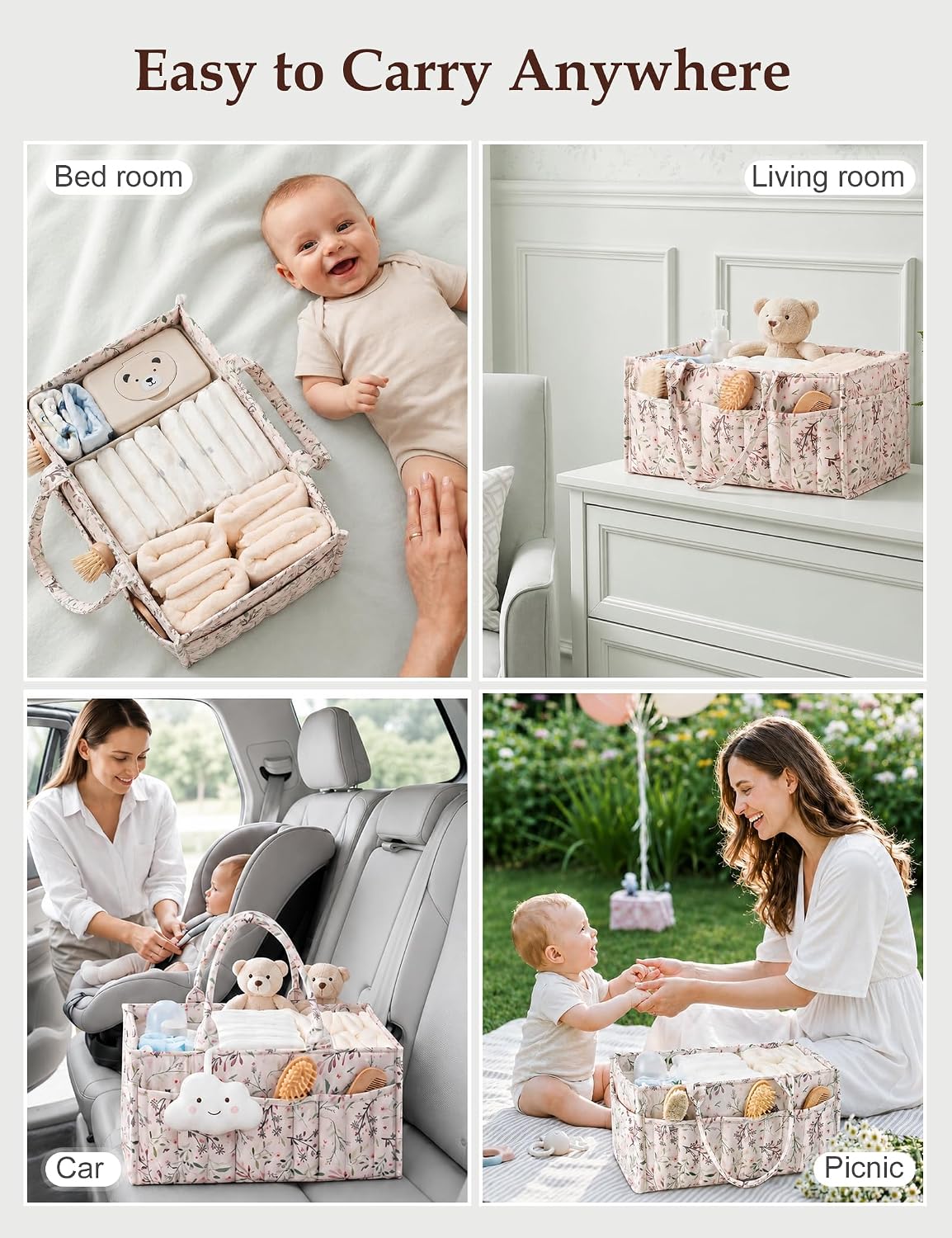 Quilted Diaper Caddy Organizer with Handle, Portable Nursery Storage Basket