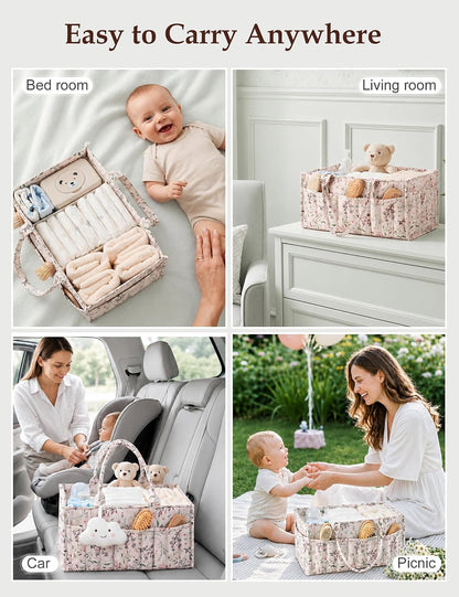 Quilted Diaper Caddy Organizer with Handle, Portable Nursery Storage Basket