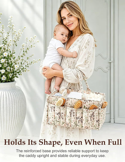 Quilted Diaper Caddy Organizer with Handle, Portable Nursery Storage Basket