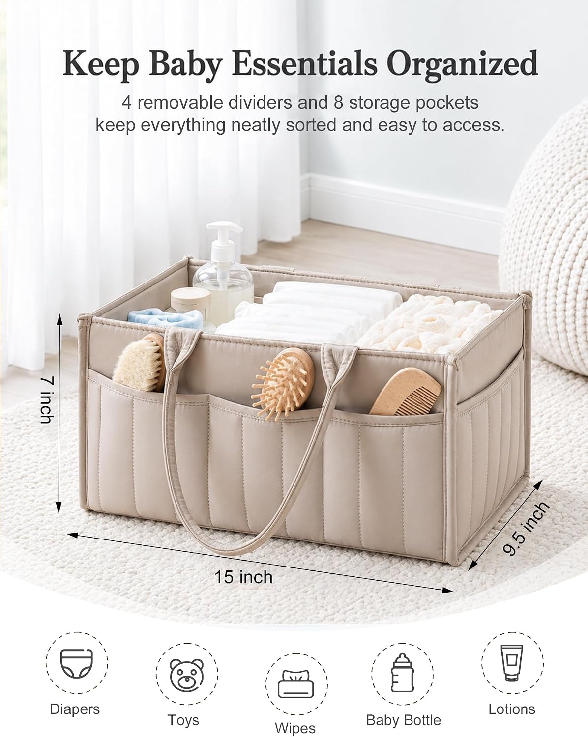 Quilted Diaper Caddy Organizer with Handle, Portable Nursery Storage Basket