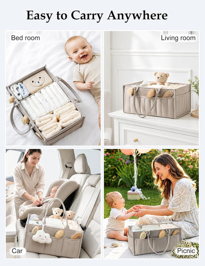 Quilted Diaper Caddy Organizer with Handle, Portable Nursery Storage Basket