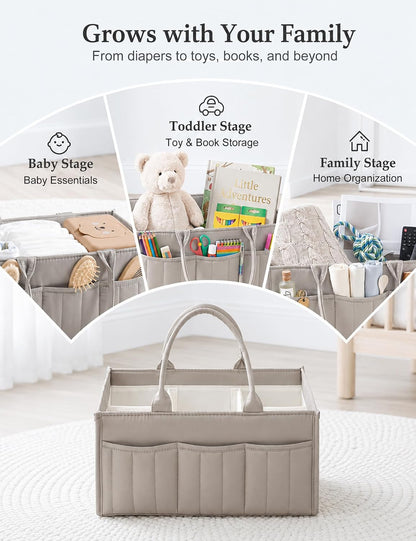 Quilted Diaper Caddy Organizer with Handle, Portable Nursery Storage Basket
