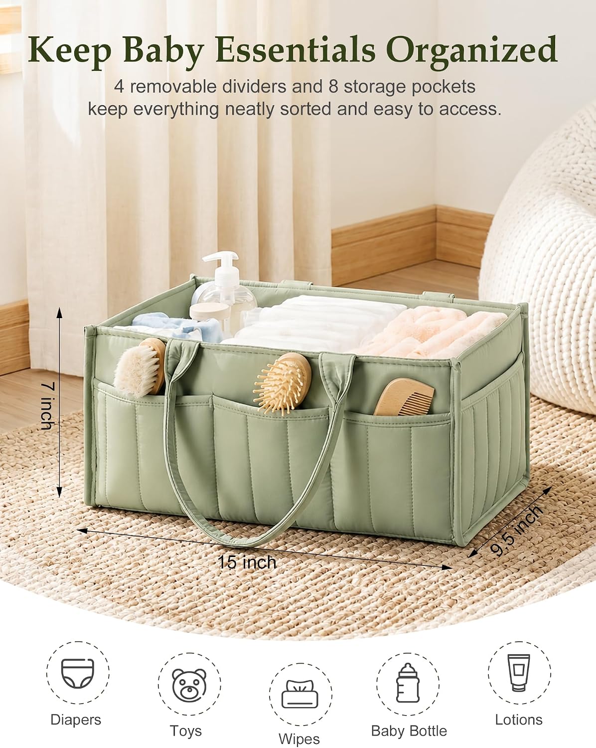 Quilted Diaper Caddy Organizer with Handle, Portable Nursery Storage Basket