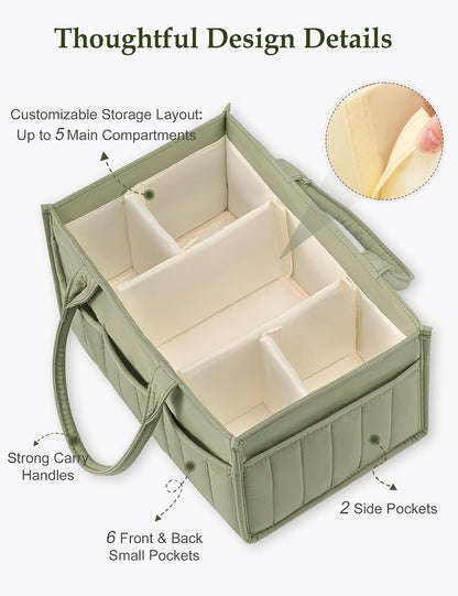 Quilted Diaper Caddy Organizer with Handle, Portable Nursery Storage Basket