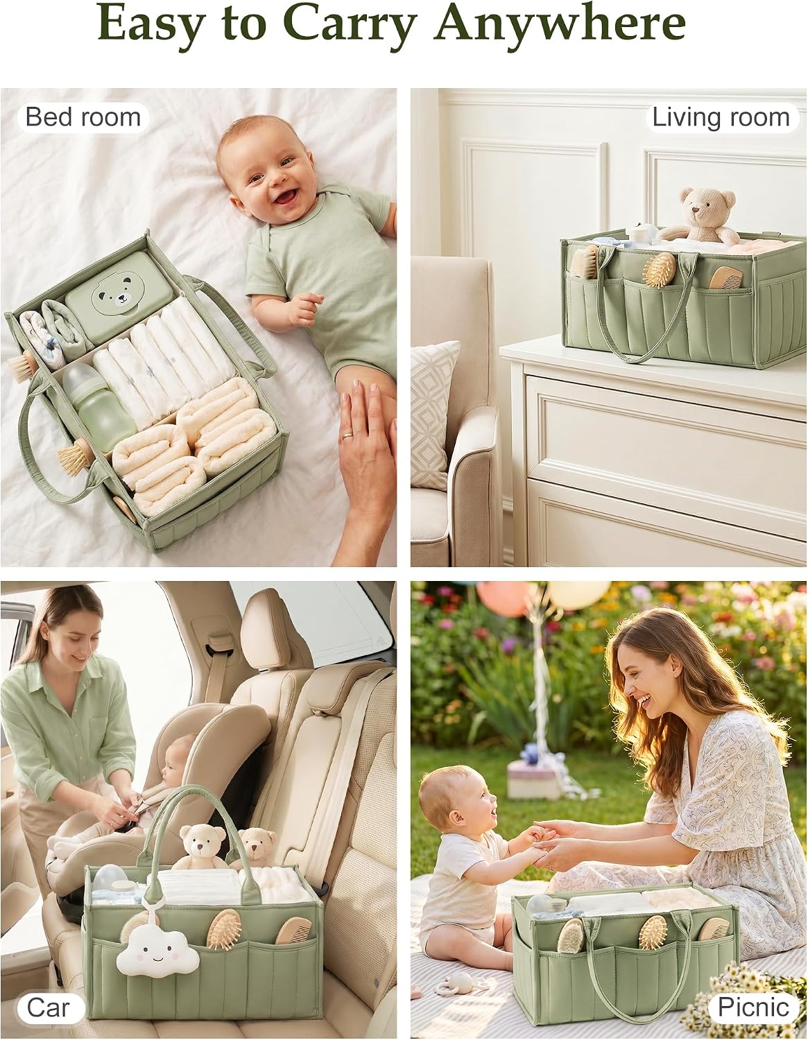 Quilted Diaper Caddy Organizer with Handle, Portable Nursery Storage Basket