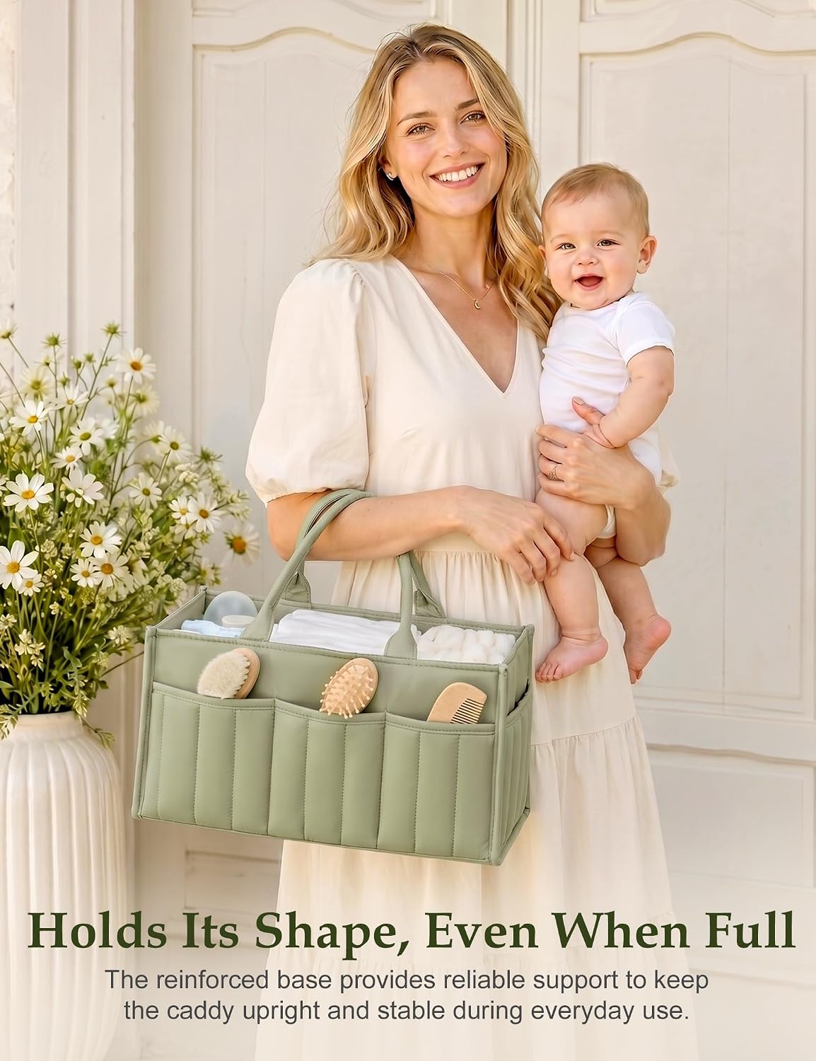 Quilted Diaper Caddy Organizer with Handle, Portable Nursery Storage Basket