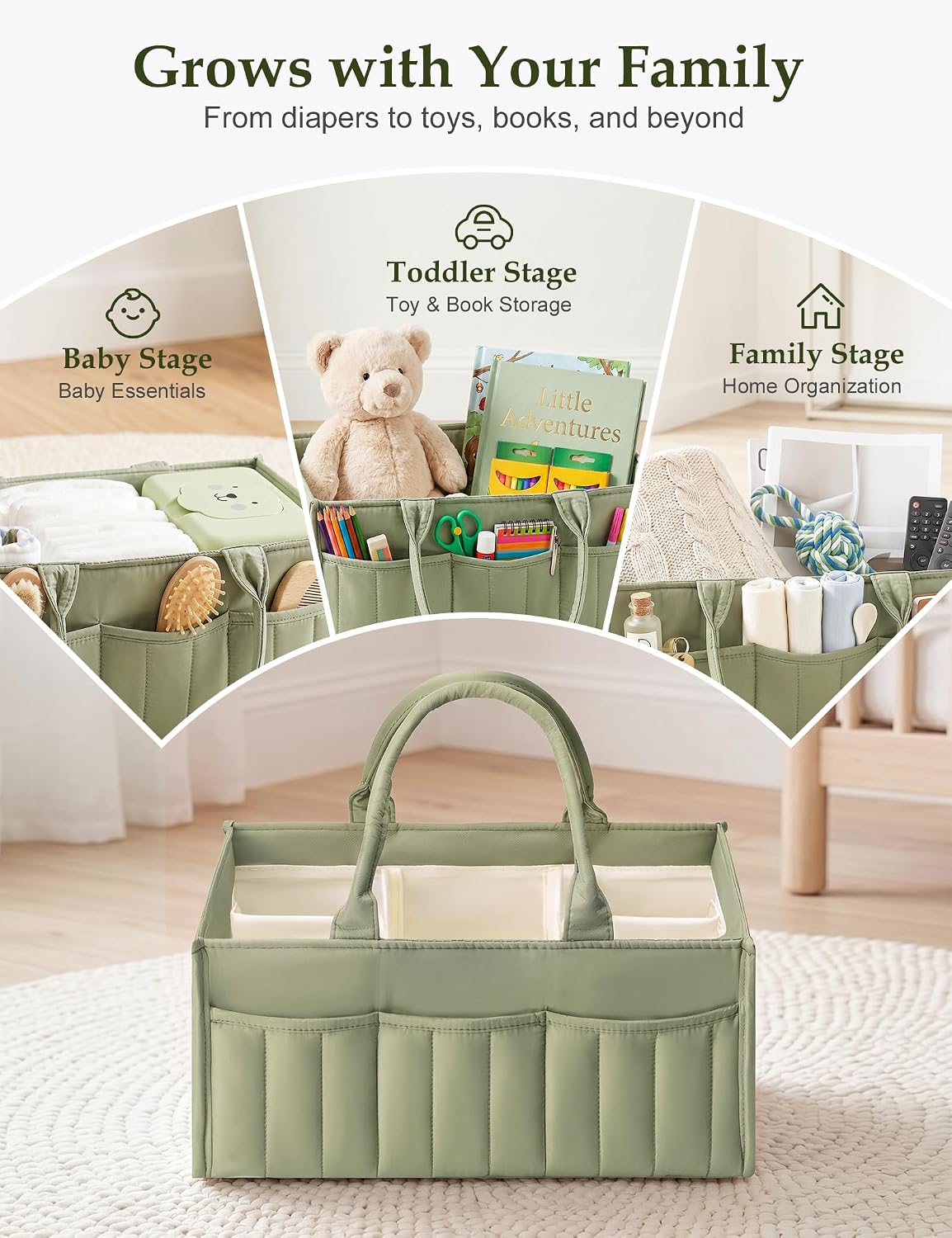 Quilted Diaper Caddy Organizer with Handle, Portable Nursery Storage Basket
