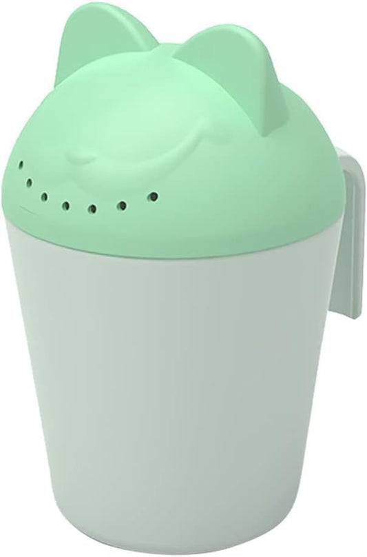 Control The Flow Baby Rinse Cup Cute Cartoon Cat Baby Rinser to Wash Hair and Body Pail Shampoo Rinser Rinser-Cup for Bath Time with Easy Grip Handle and 7 Water Outlets Green