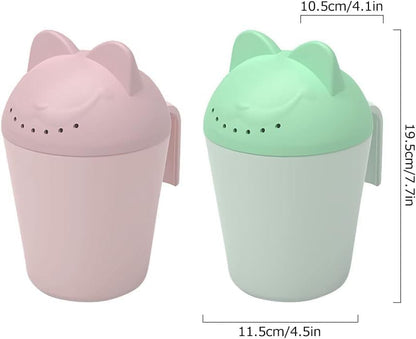 Control The Flow Baby Rinse Cup Cute Cartoon Cat Baby Rinser to Wash Hair and Body Pail Shampoo Rinser Rinser-Cup for Bath Time with Easy Grip Handle and 7 Water Outlets Green