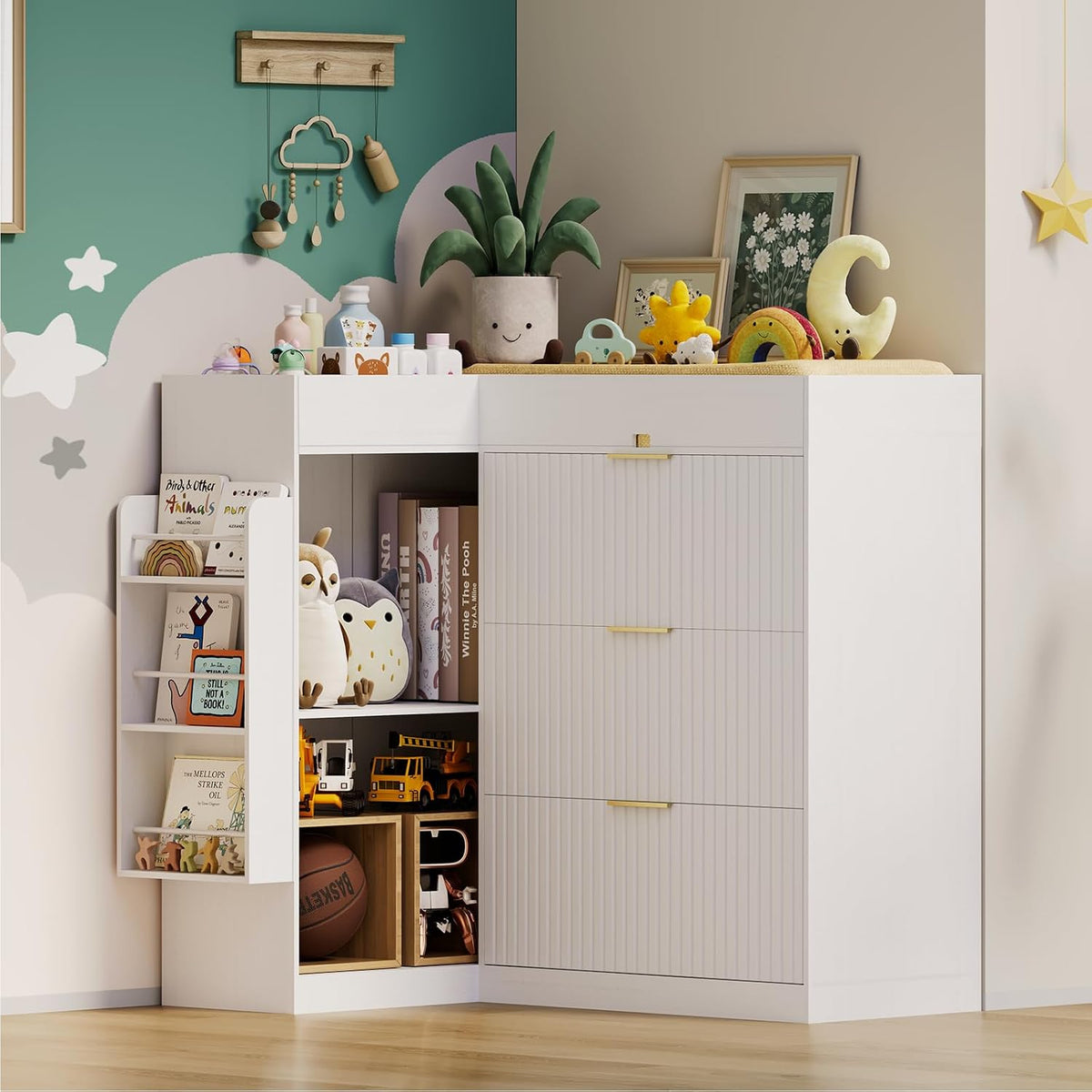 Wooden Nursery Changing Table Dresser,Diaper Changing Table with Storage,Corner Baby Dressing Table with 3 Drawers and 2 Shelves, Modern Storage Crib with Changing Station for Nurseries and Baby Rooms
