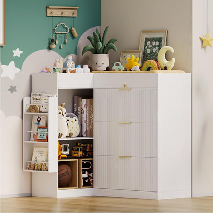 Wooden Nursery Changing Table Dresser,Diaper Changing Table with Storage,Corner Baby Dressing Table with 3 Drawers and 2 Shelves, Modern Storage Crib with Changing Station for Nurseries and Baby Rooms