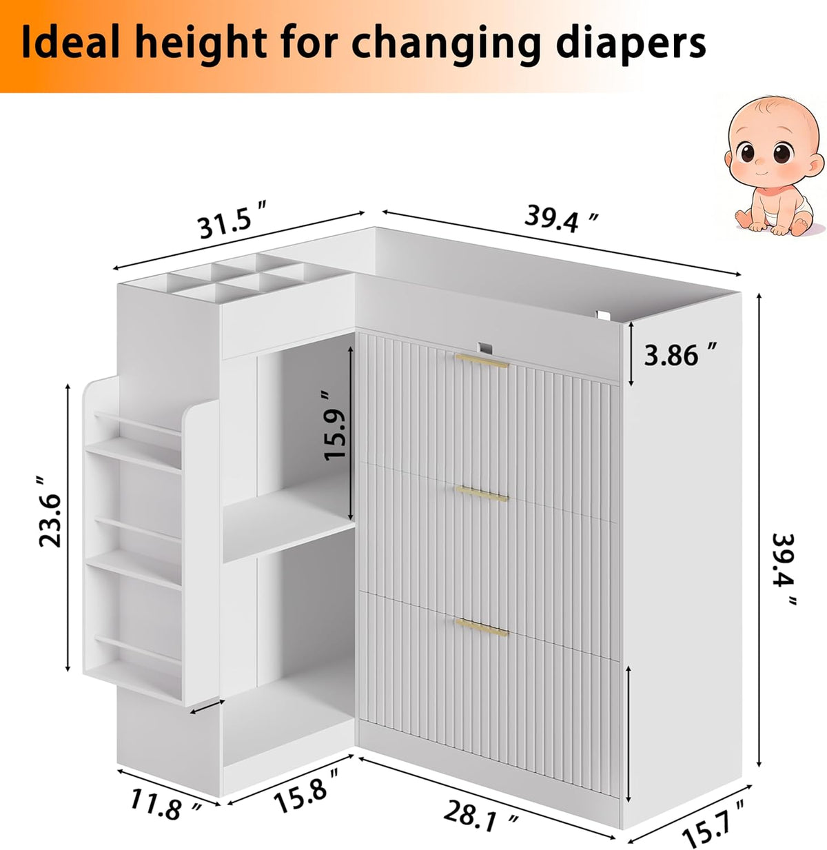 Wooden Nursery Changing Table Dresser,Diaper Changing Table with Storage,Corner Baby Dressing Table with 3 Drawers and 2 Shelves, Modern Storage Crib with Changing Station for Nurseries and Baby Rooms