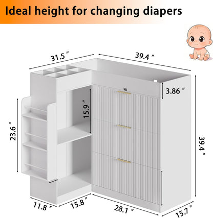 Wooden Nursery Changing Table Dresser,Diaper Changing Table with Storage,Corner Baby Dressing Table with 3 Drawers and 2 Shelves, Modern Storage Crib with Changing Station for Nurseries and Baby Rooms