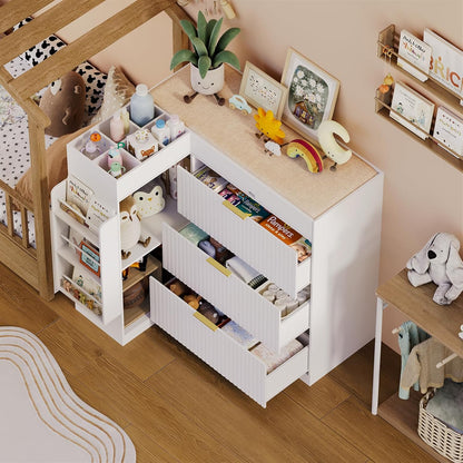 Wooden Nursery Changing Table Dresser,Diaper Changing Table with Storage,Corner Baby Dressing Table with 3 Drawers and 2 Shelves, Modern Storage Crib with Changing Station for Nurseries and Baby Rooms