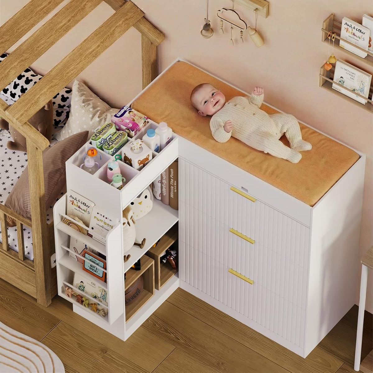 Wooden Nursery Changing Table Dresser,Diaper Changing Table with Storage,Corner Baby Dressing Table with 3 Drawers and 2 Shelves, Modern Storage Crib with Changing Station for Nurseries and Baby Rooms