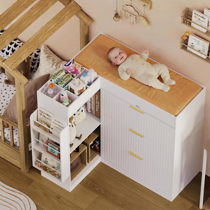 Wooden Nursery Changing Table Dresser,Diaper Changing Table with Storage,Corner Baby Dressing Table with 3 Drawers and 2 Shelves, Modern Storage Crib with Changing Station for Nurseries and Baby Rooms