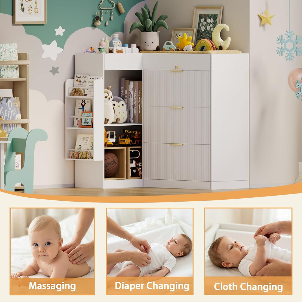 Wooden Nursery Changing Table Dresser,Diaper Changing Table with Storage,Corner Baby Dressing Table with 3 Drawers and 2 Shelves, Modern Storage Crib with Changing Station for Nurseries and Baby Rooms