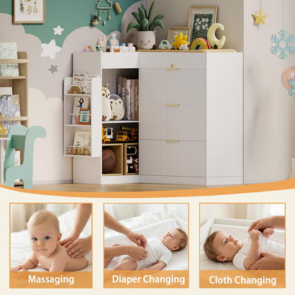 Wooden Nursery Changing Table Dresser,Diaper Changing Table with Storage,Corner Baby Dressing Table with 3 Drawers and 2 Shelves, Modern Storage Crib with Changing Station for Nurseries and Baby Rooms