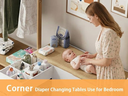 Wooden Nursery Changing Table Dresser,Diaper Changing Table with Storage,Corner Baby Dressing Table with 3 Drawers and 2 Shelves, Modern Storage Crib with Changing Station for Nurseries and Baby Rooms