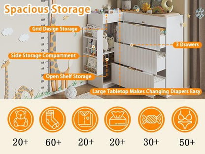 Wooden Nursery Changing Table Dresser,Diaper Changing Table with Storage,Corner Baby Dressing Table with 3 Drawers and 2 Shelves, Modern Storage Crib with Changing Station for Nurseries and Baby Rooms