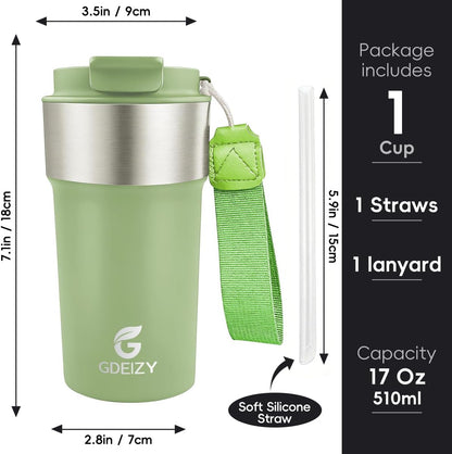Insulated Travel Coffee Mug, 17oz Stainless Steel Leakproof Flip Straw Cup | Insulated Travel Coffee Mug, 17oz Stainless Steel Leakproof Flip Straw Cup