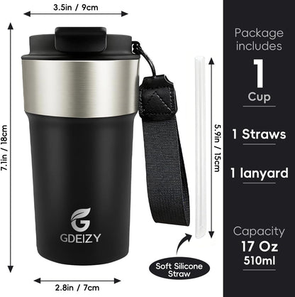 Insulated Travel Coffee Mug, 17oz Stainless Steel Leakproof Flip Straw Cup | Insulated Travel Coffee Mug, 17oz Stainless Steel Leakproof Flip Straw Cup