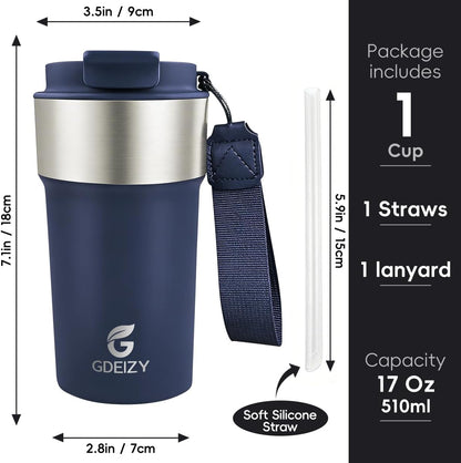 Insulated Travel Coffee Mug, 17oz Stainless Steel Leakproof Flip Straw Cup | Insulated Travel Coffee Mug, 17oz Stainless Steel Leakproof Flip Straw Cup