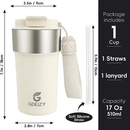 Insulated Travel Coffee Mug, 17oz Stainless Steel Leakproof Flip Straw Cup | Insulated Travel Coffee Mug, 17oz Stainless Steel Leakproof Flip Straw Cup