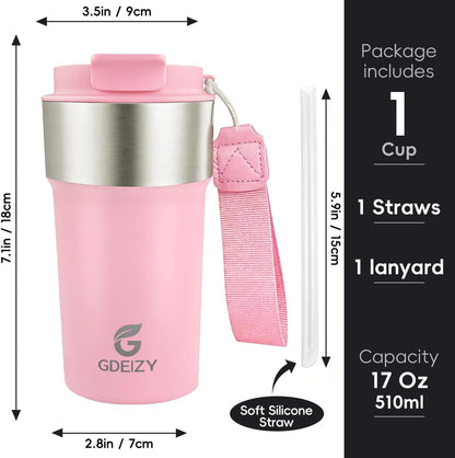Insulated Travel Coffee Mug, 17oz Stainless Steel Leakproof Flip Straw Cup | Insulated Travel Coffee Mug, 17oz Stainless Steel Leakproof Flip Straw Cup