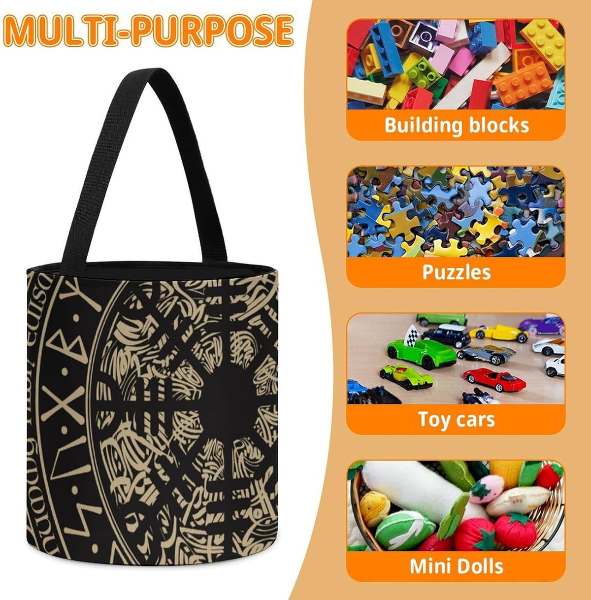 Nordic Viking Syl Rune Compass Large Capacity Portable Storage Bag for Building Blocks
