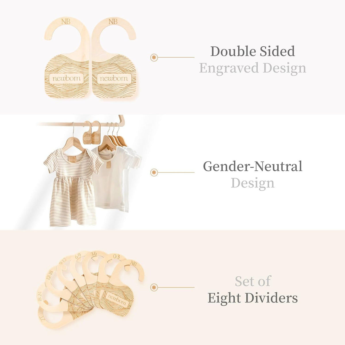 Wooden Baby Closet Dividers - 8-Pack Double-Sided Hangers for Organizing Baby Clothes from Newborn to 24 Months (Infant to Toddler) - Cute and Functional Nursery Decor for Boys and Girls