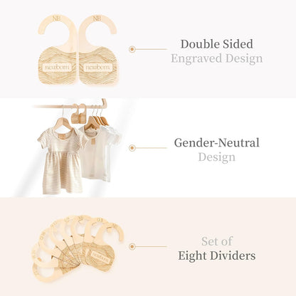 Wooden Baby Closet Dividers - 8-Pack Double-Sided Hangers for Organizing Baby Clothes from Newborn to 24 Months (Infant to Toddler) - Cute and Functional Nursery Decor for Boys and Girls