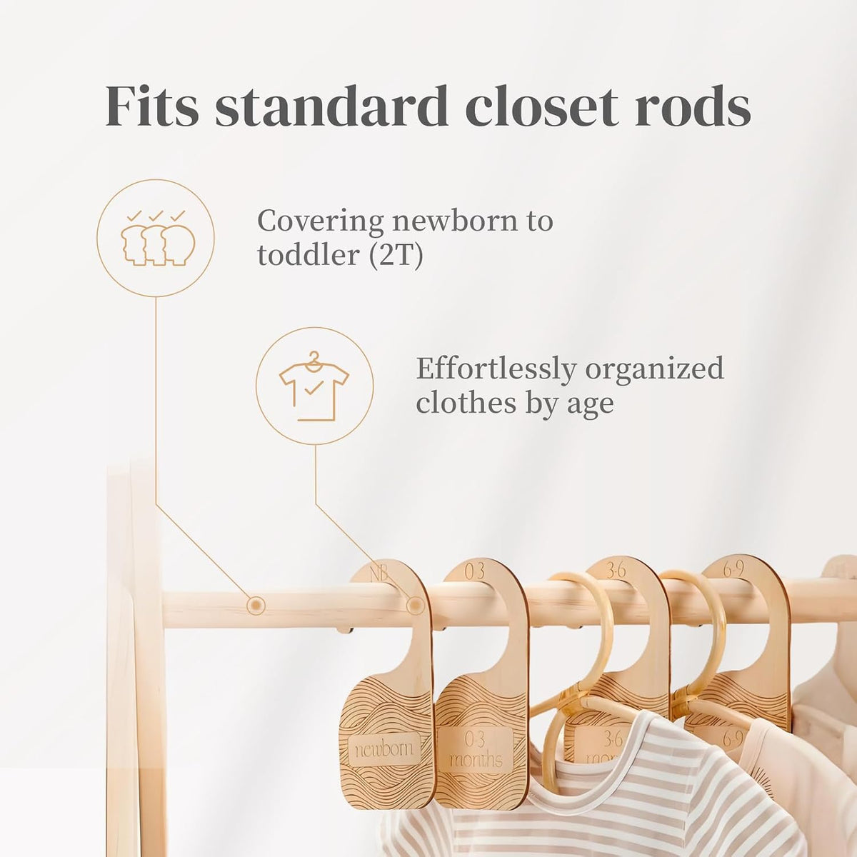 Wooden Baby Closet Dividers - 8-Pack Double-Sided Hangers for Organizing Baby Clothes from Newborn to 24 Months (Infant to Toddler) - Cute and Functional Nursery Decor for Boys and Girls