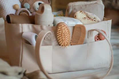 Vegan Leather Diaper Caddy Organizer for Changing Table, Baby Storage Basket, Portable Diaper Storage (Tan)