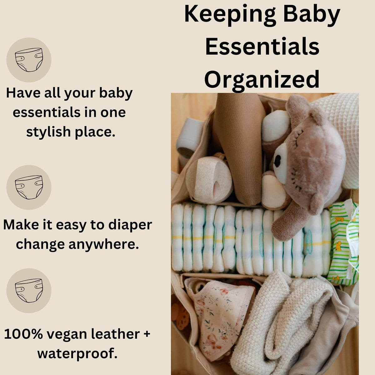 Vegan Leather Diaper Caddy Organizer for Changing Table, Baby Storage Basket, Portable Diaper Storage (Tan)