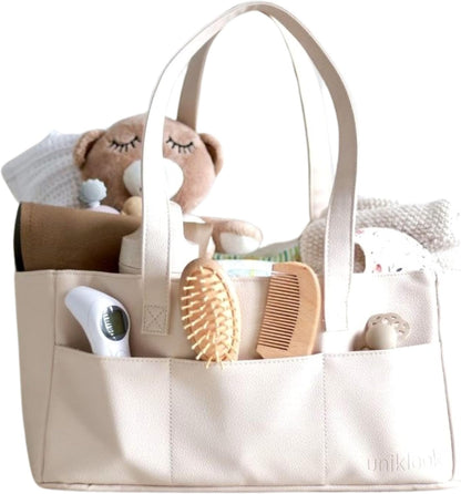 Vegan Leather Diaper Caddy Organizer for Changing Table, Baby Storage Basket, Portable Diaper Storage (Tan)