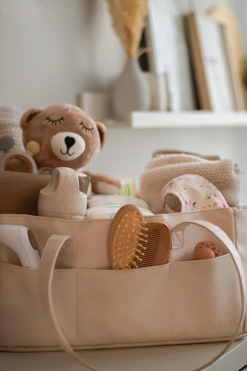 Vegan Leather Diaper Caddy Organizer for Changing Table, Baby Storage Basket, Portable Diaper Storage (Tan)