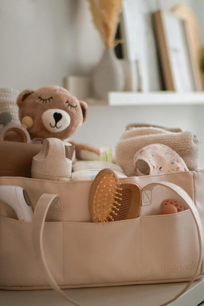 Vegan Leather Diaper Caddy Organizer for Changing Table, Baby Storage Basket, Portable Diaper Storage (Tan)