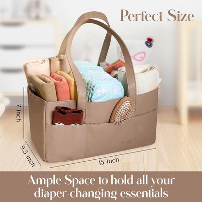 Vegan Leather Diaper Caddy Organizer for Changing Table, Baby Storage Basket, Portable Diaper Storage (Tan)