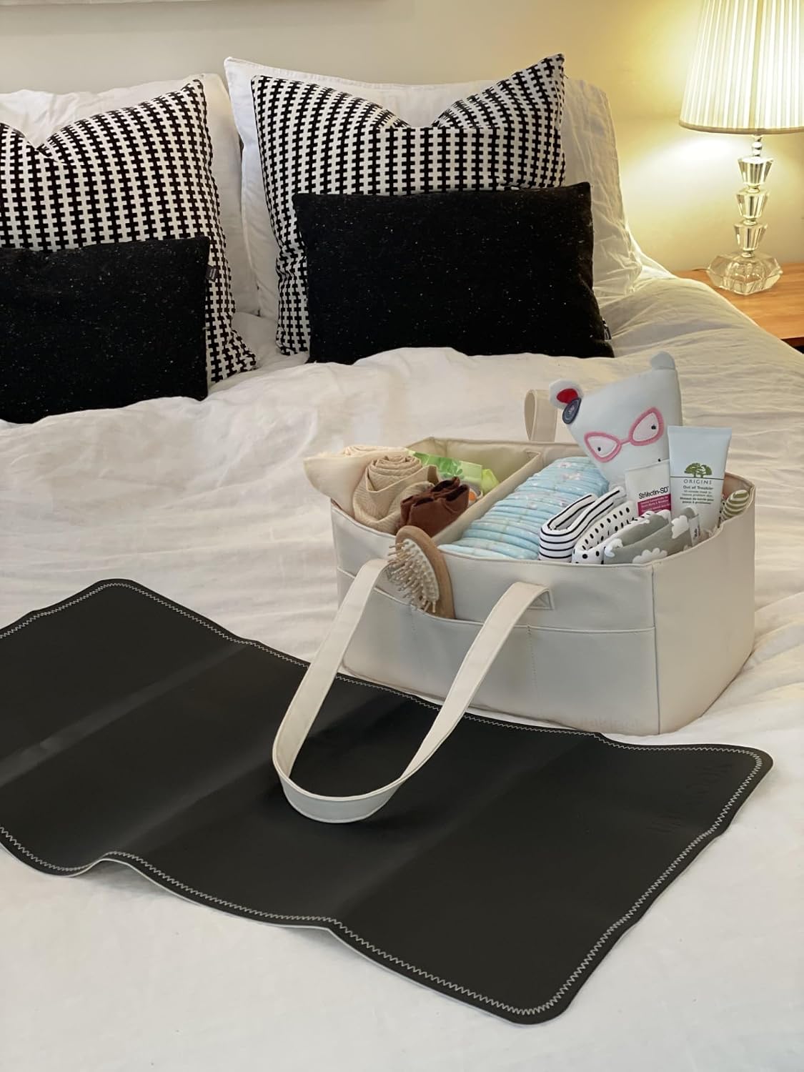 Vegan Leather Diaper Caddy Organizer for Changing Table, Baby Storage Basket, Portable Diaper Storage (Tan)