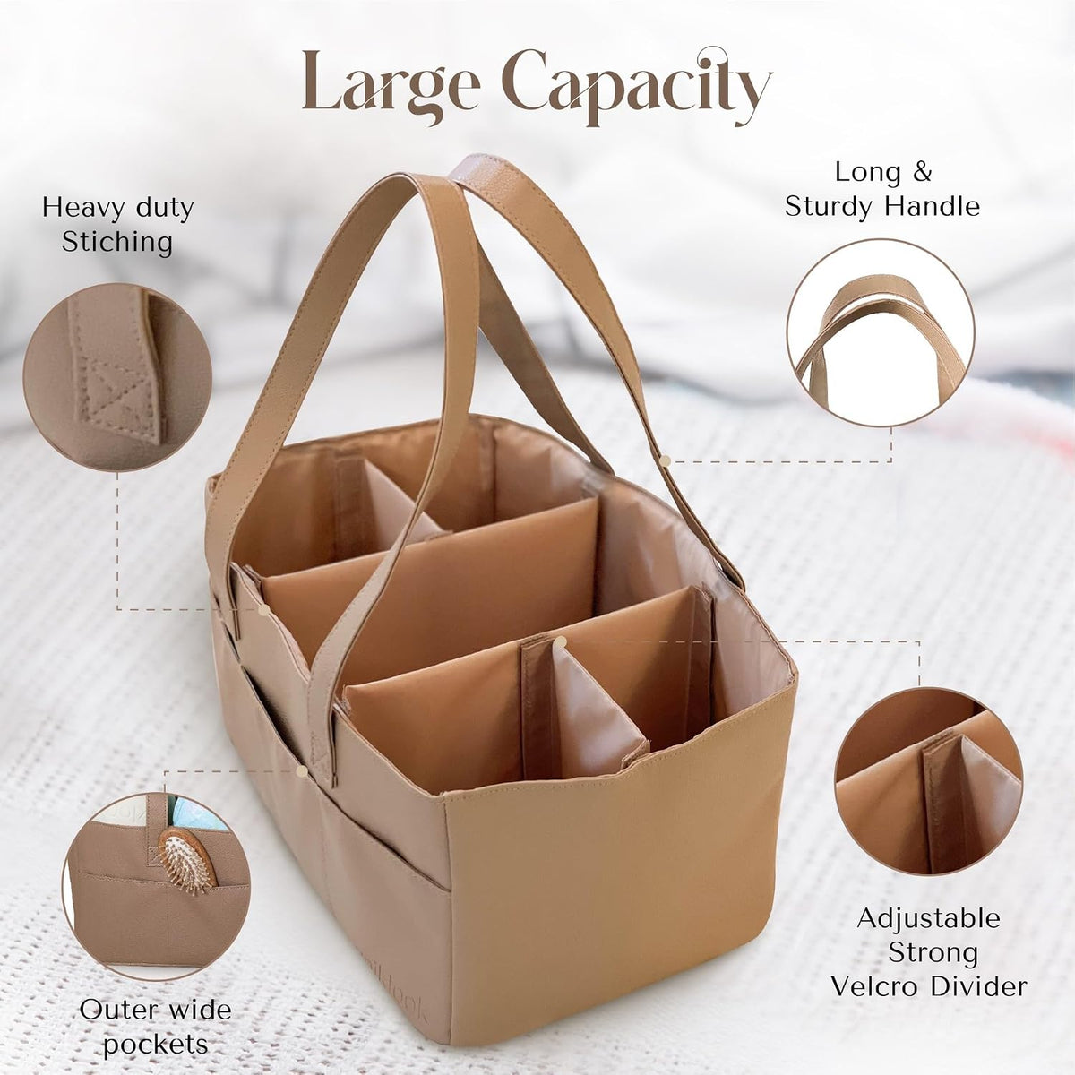 Vegan Leather Diaper Caddy Organizer for Changing Table, Baby Storage Basket, Portable Diaper Storage (Tan)
