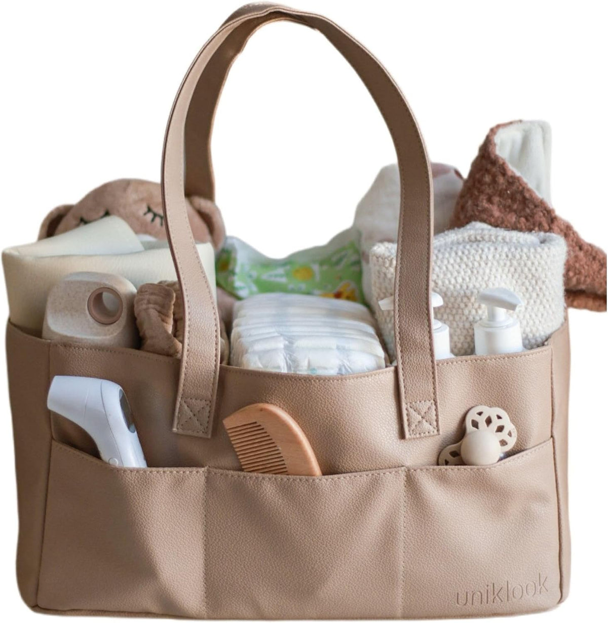Vegan Leather Diaper Caddy Organizer for Changing Table, Baby Storage Basket, Portable Diaper Storage (Tan)