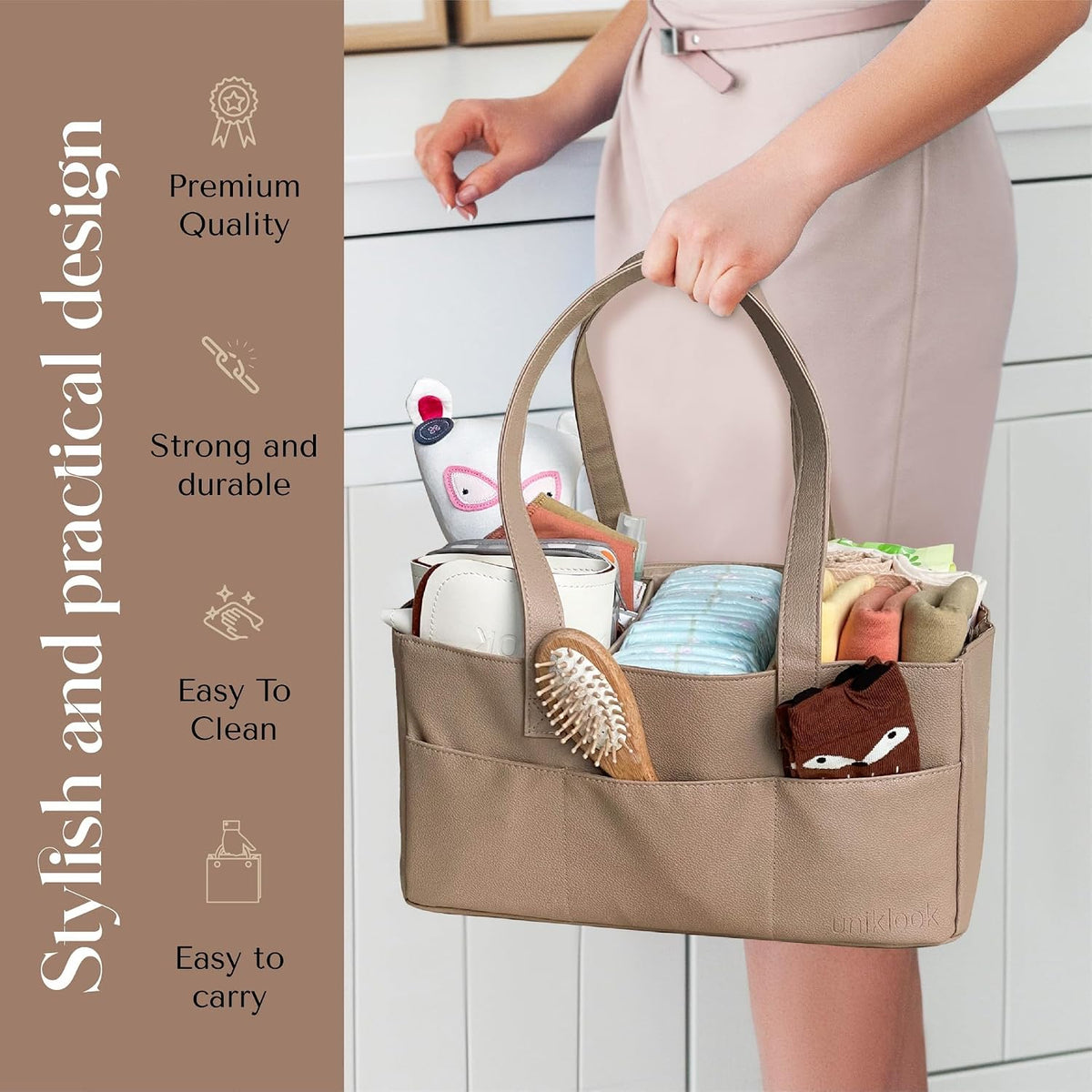 Vegan Leather Diaper Caddy Organizer for Changing Table, Baby Storage Basket, Portable Diaper Storage (Tan)