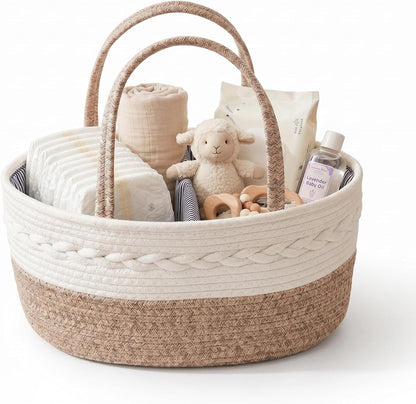 Baby Diaper Caddy Organizer with Removable Compartments, 18"L x 13"W x 9"H Super Large, 100% Handmade Woven Cotton Rope, Portable Nursery Storage Basket for Car and Changing Table, Shower Newborn Gift